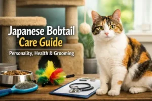 Japanese Bobtail cat with a short bobbed tail sitting indoors, showing the breed’s alert eyes, athletic body, and friendly expression