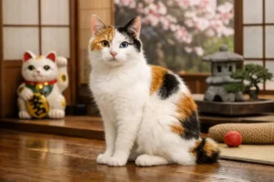 Japanese Bobtail cat with a short pom-pom tail, slim muscular body, upright ears, and expressive eyes, standing alert in a natural setting.