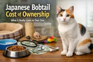 Adult Japanese Bobtail cat with a short bobbed tail sitting indoors beside food bowls, toys, and basic pet supplies, showing the cost of ownership setup