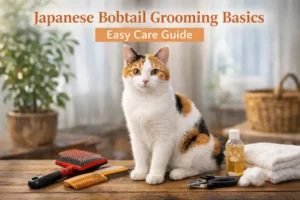 Japanese Bobtail grooming basics showing an adult Japanese Bobtail cat with a short single coat sitting calmly beside grooming tools indoors