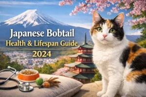Adult Japanese Bobtail cat with a short bobbed tail, showing healthy body shape and alert expression in a calm indoor setting