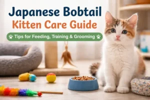 Japanese Bobtail kitten sitting indoors with short bobbed tail, food bowl, toys, and scratching post in a home care setting