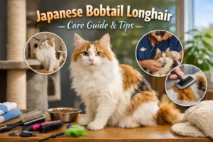 Japanese Bobtail Longhair care guide image showing an adult longhaired bobtail cat with grooming tools in a cozy indoor home setting