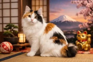 Japanese Bobtail Longhair cat with a fluffy pom-pom tail and silky calico coat sitting indoors