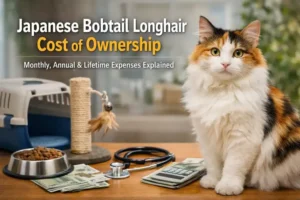 Japanese Bobtail Longhair cost of ownership illustration with a longhaired calico cat and pet care items like food, carrier, and vet tools