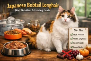 Japanese Bobtail Longhair diet guide image showing a longhaired calico cat beside wet and dry food bowls and fresh water