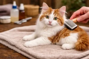 Japanese Bobtail Longhair sitting on a grooming table with brushing tools for basic coat care