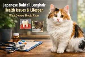 Japanese Bobtail Longhair cat sitting indoors, representing health issues and lifespan awareness