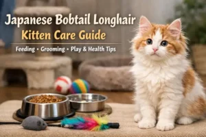 Japanese Bobtail Longhair kitten care setup with a fluffy kitten resting indoors near food, toys, and grooming tools