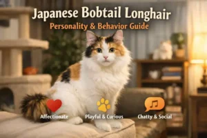 JJapanese Bobtail Longhair personality and behavior shown through a fluffy social cat sitting calmly indoors