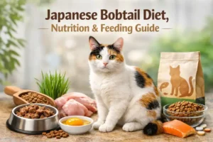 Adult Japanese Bobtail cat with a short tail sitting beside wet and dry food bowls, showing a balanced Japanese Bobtail diet
