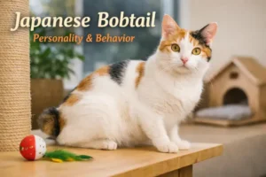 Japanese Bobtail cat with a short bobbed tail sitting indoors, showing alert eyes and a calm, curious personality