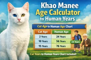 Khao Manee age calculator to human years showing a white short-haired cat with bright eyes and an age comparison chart