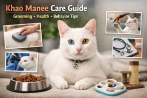 Khao Manee care guide image showing a white short-haired cat with odd-colored eyes resting indoors