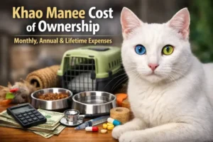 Khao Manee cat with white short coat and bright eyes shown with pet care supplies representing the Khao Manee cost of ownership