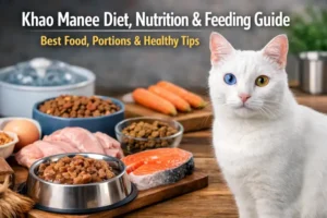 White Khao Manee cat with odd-colored eyes sitting beside wet and dry food bowls for a Khao Manee diet guide