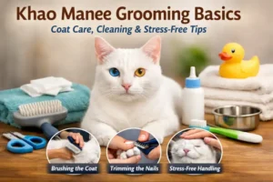 Khao Manee grooming basics showing a white short-haired cat with grooming tools for brushing, nail trimming, and gentle care