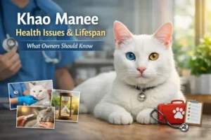 White Khao Manee cat with blue and gold eyes shown for Khao Manee health issues and lifespan article