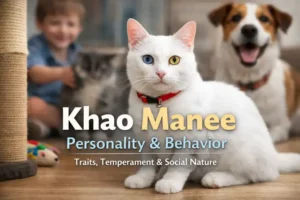 White Khao Manee cat with blue and yellow eyes showing Khao Manee personality and behavior traits