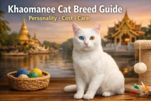 White Khaomanee cat breed with blue and gold eyes sitting indoors