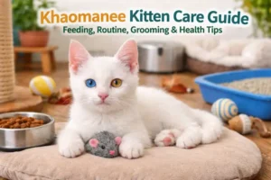 Khaomanee kitten care guide cover image showing a white kitten with blue and gold eyes resting indoors