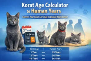 Korat age calculator to human years chart showing a gray Korat cat with age conversion table