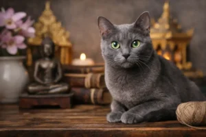 Adult Korat cat breed with a silver-blue short coat and bright green eyes resting indoors