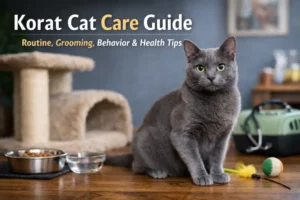 Korat cat care guide showing an adult silver-blue Korat with green eyes sitting indoors near toys and feeding bowls
