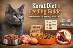 Korat cat diet guide showing a silver-blue Korat with wet and dry food bowls and healthy feeding tips