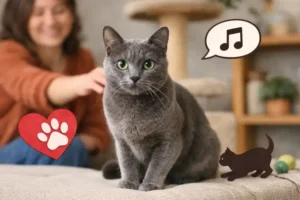 Korat cat personality shown through a calm silver-blue adult cat with green eyes sitting indoors with its owner