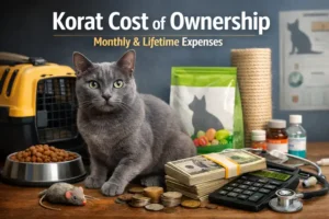Korat cat sitting with pet supplies and budgeting items showing Korat cost of ownership