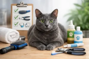 Korat grooming basics with a silver-blue Korat cat sitting beside brushes and nail clippers