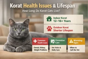 Korat cat with a blue-gray short coat showing Korat health issues and lifespan overview