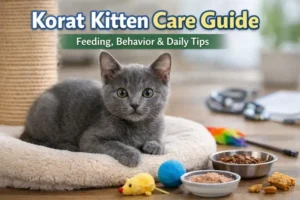 Gray Korat kitten resting indoors with food bowls and toys, showing a calm Korat kitten care guide setup