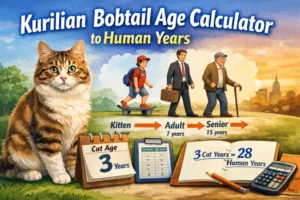 Kurilian Bobtail age calculator to human years showing a short-tailed tabby cat with an age chart comparing cat years to human years