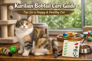 Adult Kurilian Bobtail cat with a short bobtail tail sitting indoors near toys and a scratching post, showing an active and alert personality.