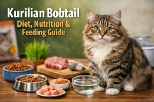 Adult Kurilian Bobtail cat with a muscular body and short bobbed tail sitting beside wet and dry cat food bowls and fresh water, showing a balanced Kurilian Bobtail diet.