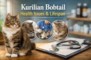 Kurilian Bobtail health issues and lifespan shown through an adult bobtail cat with a thick coat, short tail, and sturdy build in a calm indoor setting