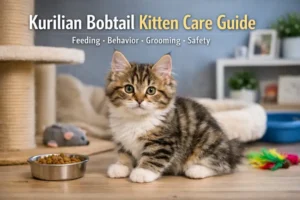 Kurilian Bobtail kitten sitting indoors near food bowl and toys, showing early kitten care setup and calm home environment