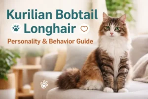 Kurilian Bobtail Longhair cat shown beside a cat age to human years chart used in a Kurilian Bobtail Longhair age calculator.