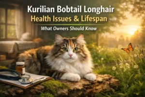 Kurilian Bobtail Longhair care showing an adult longhaired Kurilian Bobtail with a fluffy bobbed tail and thick coat in a home setting