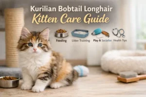 Kurilian Bobtail Longhair cat with a fluffy coat, short bobtail, and alert eyes sitting indoors