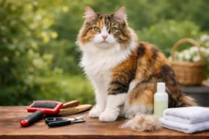 Kurilian Bobtail Longhair cat with a fluffy long coat and short bobbed tail sitting indoors with pet supplies, showing cost of ownership planning
