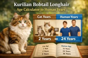 Kurilian Bobtail Longhair personality shown by an adult longhaired bobtail cat sitting calmly indoors with a fluffy coat and alert green eyes