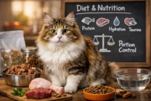 Kurilian Bobtail Longhair adult cat sitting beside wet and dry food bowls, showing a healthy long coat and sturdy body build while illustrating proper diet and nutrition
