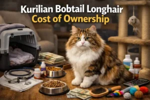 Kurilian Bobtail Longhair grooming with a fluffy adult cat sitting calmly beside a brush, comb, and towel during a grooming session