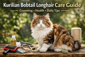 Kurilian Bobtail Longhair cat with a thick long coat and short bobbed tail, shown in a calm setting to represent health issues and lifespan