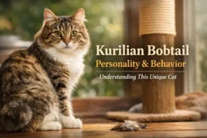Kurilian Bobtail cat showing its calm and observant personality, with a short bobbed tail, sturdy body, and tabby coat