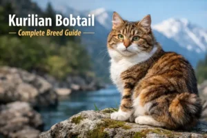 Kurilian Bobtail kitten sitting indoors near food bowl and toys, showing early kitten care setup and calm home environment