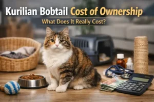 Adult Kurilian Bobtail cat sitting indoors with pet supplies, showing the real cost of ownership and daily care needs